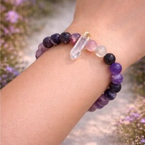 Amethyst & Rose Quartz Beaded Bracelet w/ Quartz Point Charm Frosted Stretch